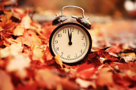 Black alarm clock on colorful maple leaves background. Closeup. Time change concept.