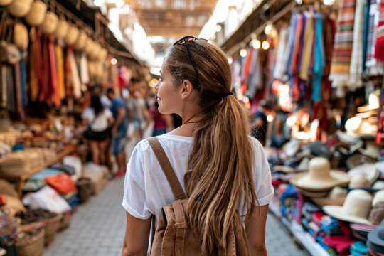 Young woman explores vibrant market stalls. Her long hair flows gently behind her. She gazes upward, intrigued by colorful wares. Sunlight glints off hanging fabrics and hats