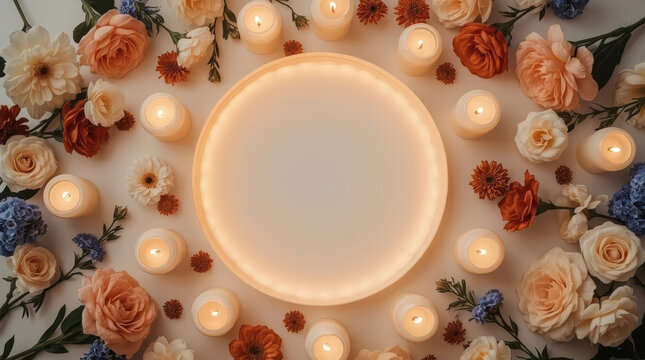 Elegant memorial template featuring candle and flower arrangement in warm light