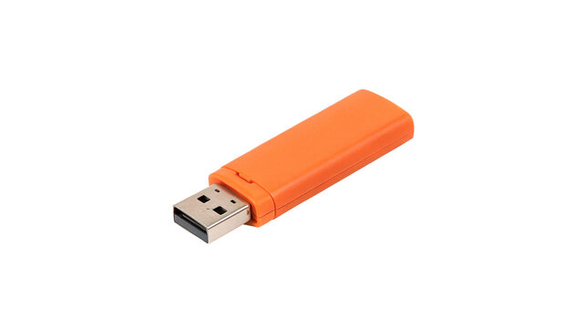 Orange plastic USB flash drive data storage stick isolated on transparent background for corporate office tech accessories.