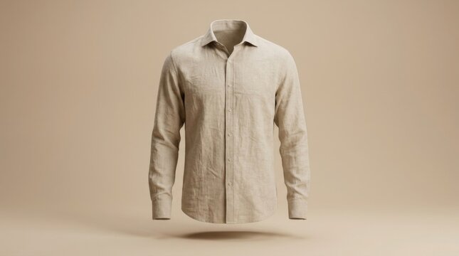 Elegant beige linen shirt floating in studio with soft lighting.