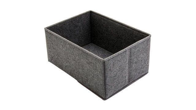 Empty rectangular grey felt storage box basket isolated on transparent background for home wardrobe clothes organization.