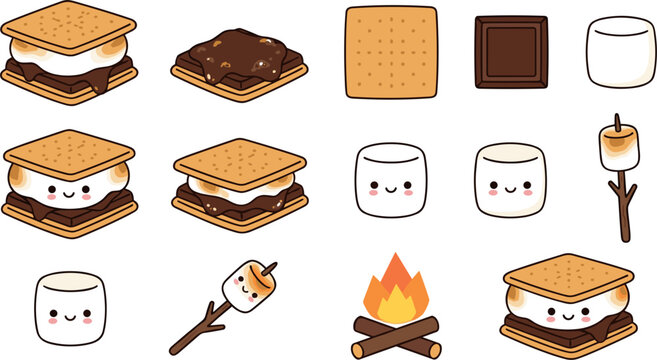 Cute Smores and Campfire Vector Icon Set Featuring Kawaii Marshmallows Chocolate and Graham Crackers for Camping Summer Designs and Stickers