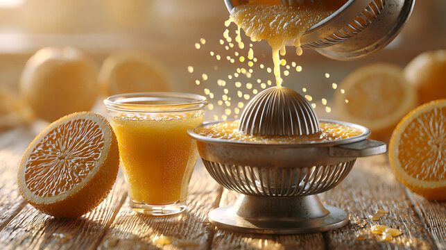 Fresh orange juice is squeezed from fruit using a metallic reamer on wood