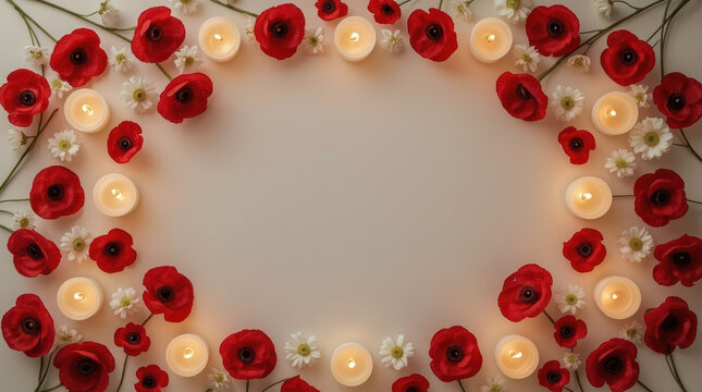 Elegant remembrance day template with red poppy and glowing candle border