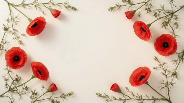 Red poppy floral frame on cream background evokes remembrance