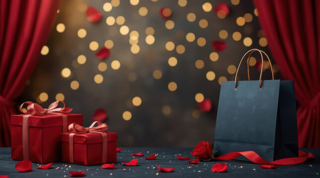 Elegant shopping celebration with red roses and gift bag