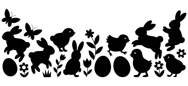 Black silhouette set of cute easter bunnies little chickens eggs butterflies and flowers for holiday spring design