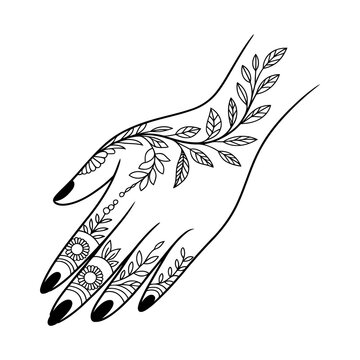 Beautiful hand with henna tattoo design featuring floral and leaf patterns for traditional indian body art style