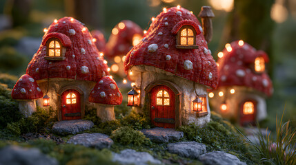 Fototapeta premium Miniature red toadstool houses with illuminated windows in a forest setting