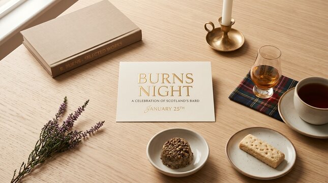 Elegant Table Setting for Burns Night Celebration with Scottish Literature and Festive Drinks