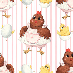 Watercolor pattern with a hen and her chicks © Anna Bastron