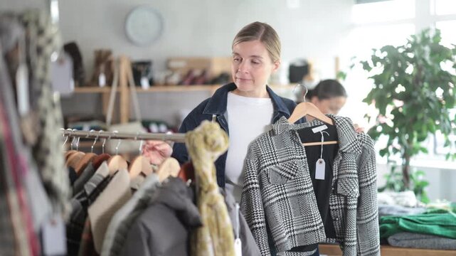 While shopping, woman browsing goods items and choose elect plaid jacket coat in store, buyer consider some items. Concept of seasonal wardrobe shopping. Client and holiday shopping. 