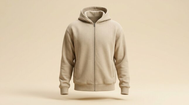 Neutral Beige Zip Up Hoodie Mockup Isolated on Light Background.