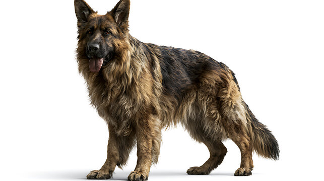 Long haired German Shepherd dog stands attentively on a white background