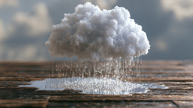 A fluffy cumulus cloud releases water droplets onto a reflective puddle