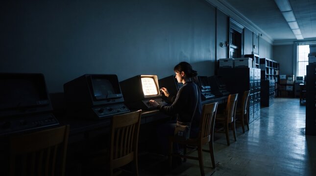 In a quiet, dark archive, a person sits at an old computer, fingers poised over the keyboard, immersed in the glow of the screen. Dust gathers around unused equipment.
