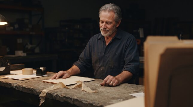 In a softly lit workshop, a thoughtful artisan engages with materials, preparing delicate sheets while reminiscing about past creations. A tranquil scene unfolds.