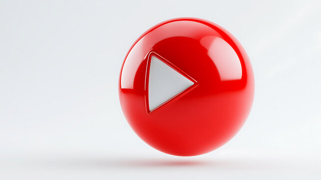 Red play button sphere isolated on white background realistic rendering