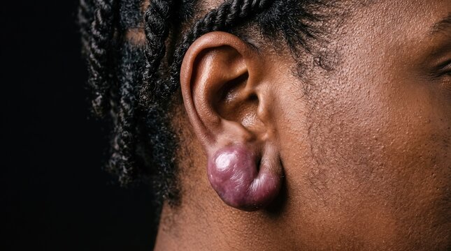 Close Up of Keloid Scar Formation on Earlobe Piercing