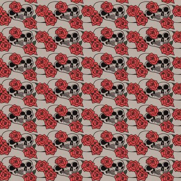 A repeating pattern of skulls and roses on a gray background
