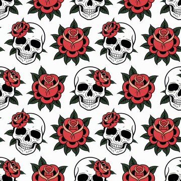 A seamless pattern of skulls and roses on a white background