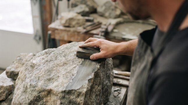 A focused artisan skillfully shapes a rough stone with a smoothing tool in a cozy workshop filled with natural light and creativity.