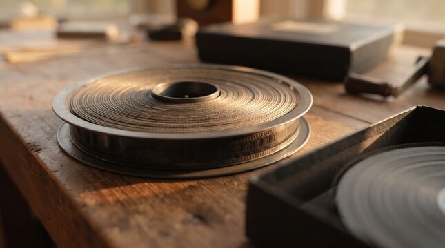 Dramatic sunlight filters through a cozy room, illuminating old film reels stacked on a weathered wooden table. Memories of cinema linger as nostalgia fills the air.