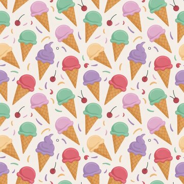 A colorful pattern of ice cream cones with various toppings