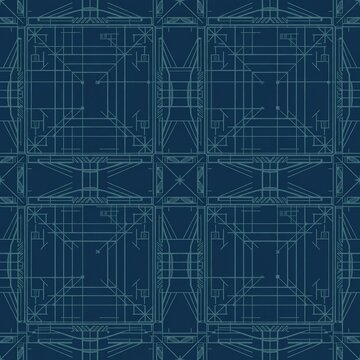 A blueprint pattern with intricate architectural designs on a dark blue background