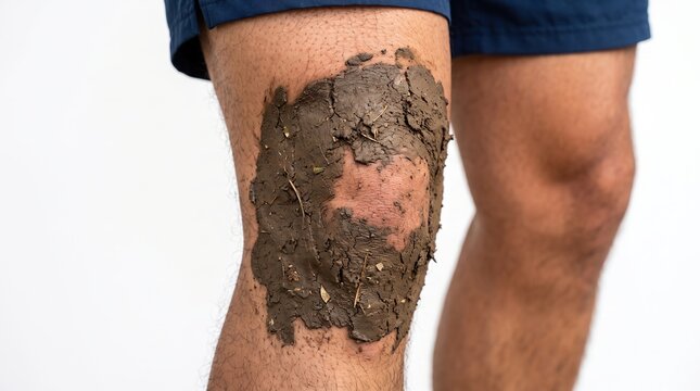 Athletic Man Knee Coated with Natural Mineral Mud Clay for Joint Therapy