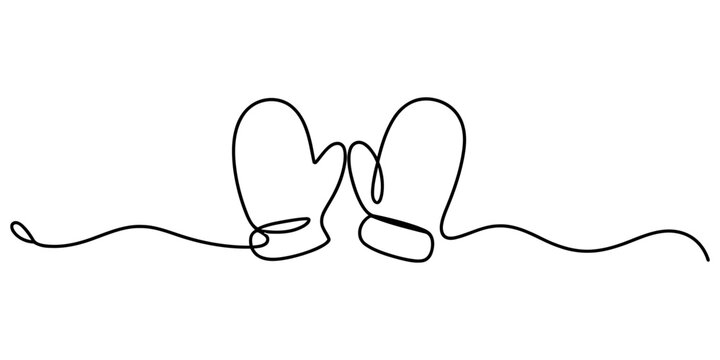 Continuous single line drawing of two warm winter mittens for cold weather