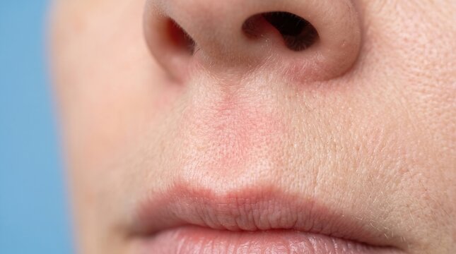 Macro Detail of Human Philtrum and Upper Lip Showing Redness and Fine Pores