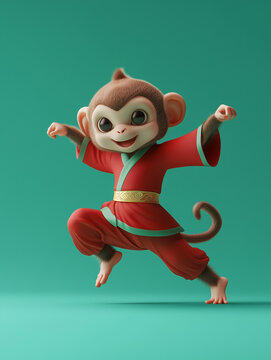 Cute monkey 3D illustration in traditional Chinese costume