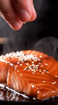 Glazed salmon fillet with sesame seeds on dark surface