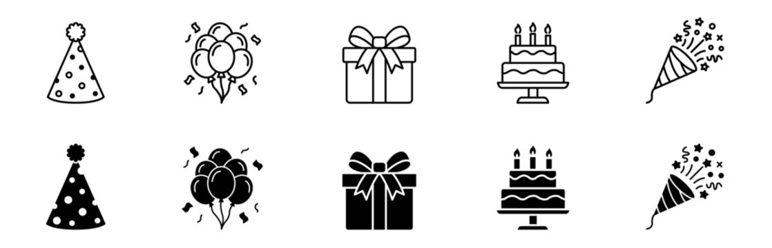 Celebration and birthday party vector icon set featuring hat, balloons, gift box, cake, and confetti symbols in line and filled styles for web UI design.