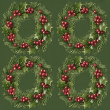 Four Christmas wreaths with red berries on a green background