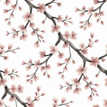 A beautiful floral pattern featuring pink cherry blossoms on white background