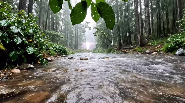 Flowing forest stream over rocks wet leaves and trees on a misty day natures tranquil water flow