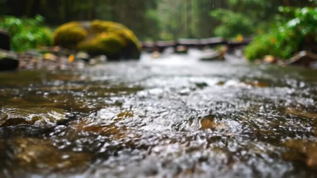Close up of clear forest stream water flowing over rocks serene nature peaceful natural background
