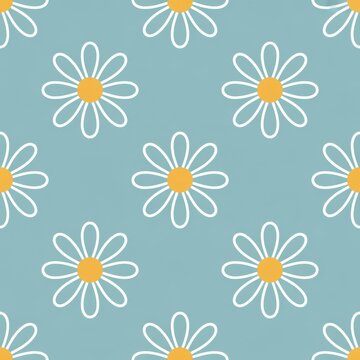 A seamless pattern of white and yellow daisies on a light blue background