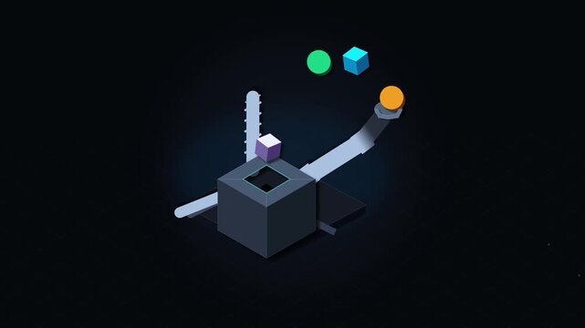 Loop abstract 3d animation geometric shapes fly out from pipes return
