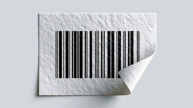 White sticker with black barcode and peeling corner on gray surface