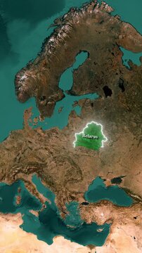 Belarus Country Highlighted on World Map, Vertical 3D Satellite Zoom In Animation