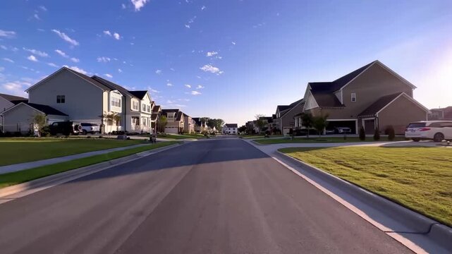 Driving Through Modern American Suburban Neighborhood with Two Story Residential Houses Under Clear Blue Sky