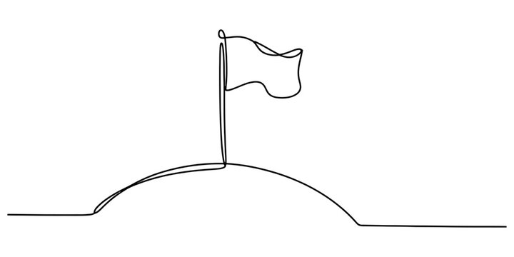 Continuous single line drawing of a flag planted on top of a mountain hill