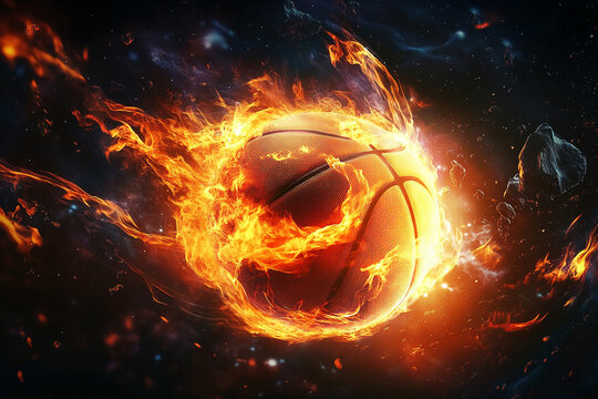 Glowing basketball surrounded by fire on a dark background Generative AI