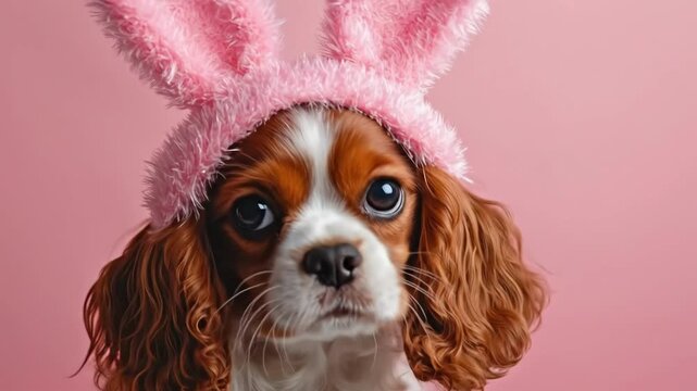 Adorable cavalier king charles spaniel puppy in pink bunny ears on soft pink background. Easter, Pascha, Paskha, Ostern, Pascua, Paques - Orthodox and Catholic Holiday celebration
