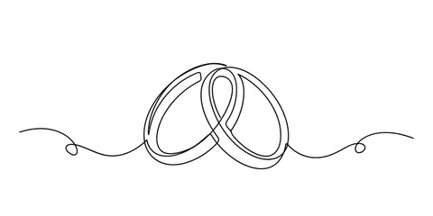 Obraz premium Two wedding rings drawn in a single continuous black line art style