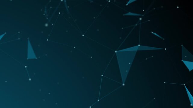 Abstract loop of dark teal plexus lines, glowing nodes, and geometric triangles on a deep navy gradient. Perfect for high-end tech, corporate, and futuristic backgrounds.